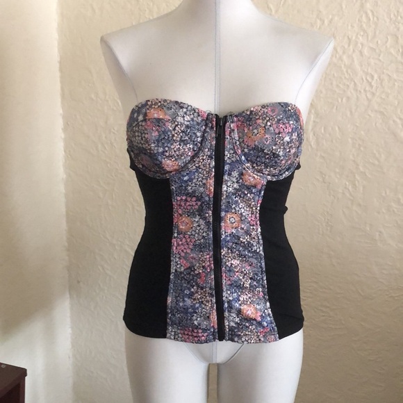 ASOS Pink Blue Floral Lace Black Zipper Front Bustier Corset Bra Top Coquette 6 - Picture 2 of 9